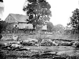 Wreckage of the 9th Mass Battery at the Trostle Farm shortly after the fight.