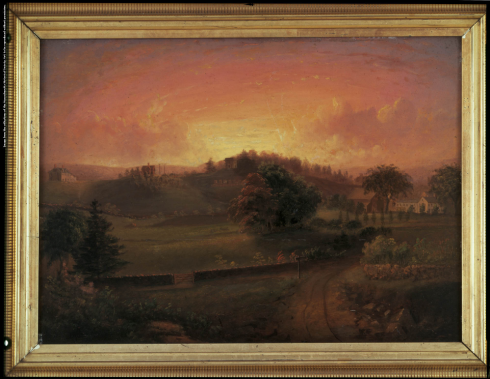 A view of Brook Farm by Josiah Wolcott, c. 1844. From left to right the buildings are Pilgrim House, the Cottage, the Aerie, and the Hive. Collections of the Massachusetts Historical Society